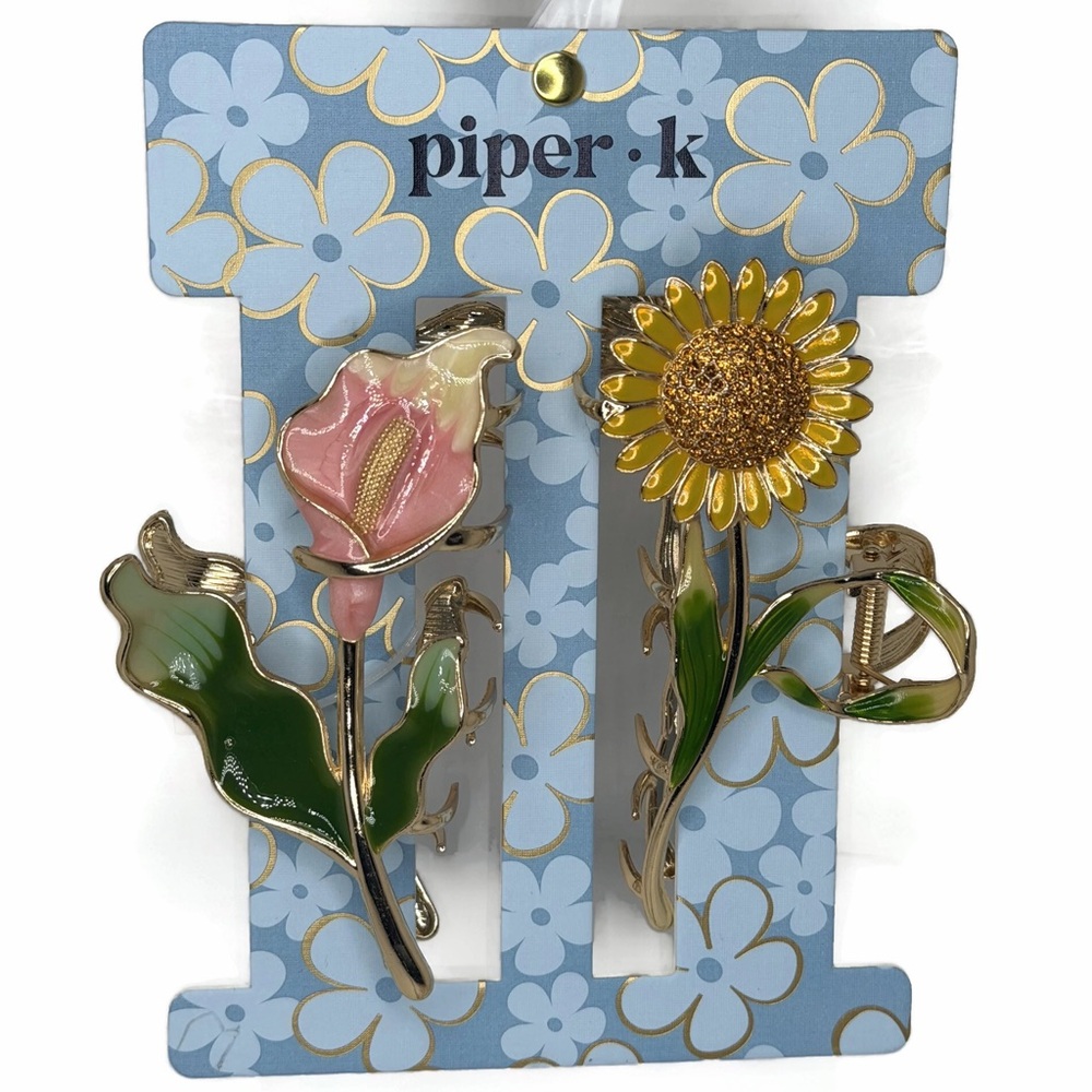 Piper K Lily and Sunflower Hair Claw Clip Pink Yellow Green Gold Tone Set of 2